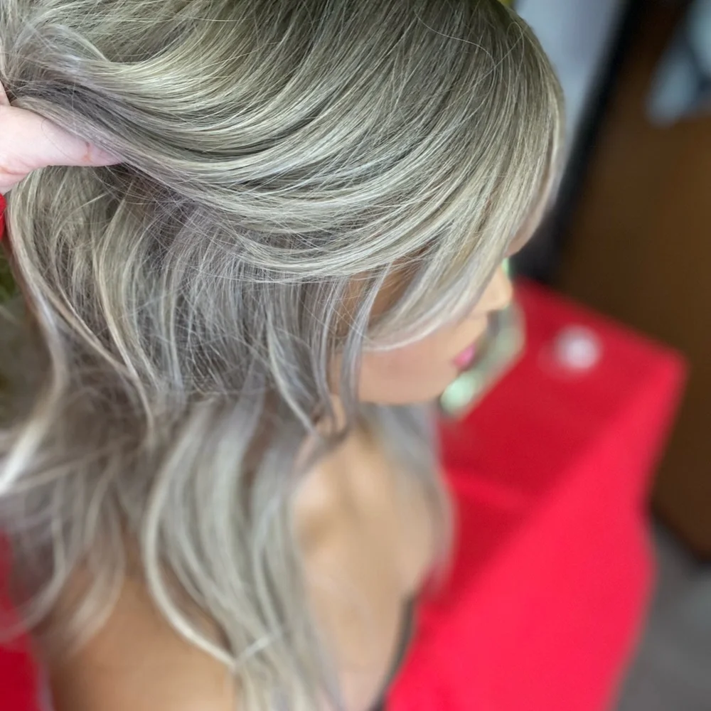 grey blonde  long layered wig curtain bangs